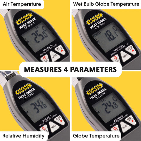 Pro Grade Heat Index Monitor With Wet Bulb Globe Temperature Gauge And Brass Ball showing temperature and humidity readings.