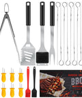 Grill Gear Set with 4-in-1 spatula, fork, tongs, brush, 10 skewers, 8 silicone corn holders, 2 brushes, stainless steel BBQ kit.