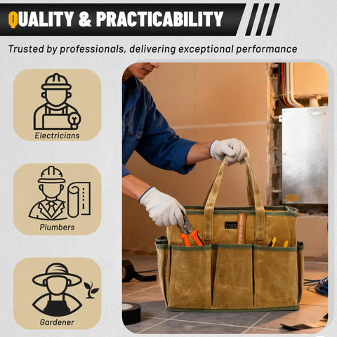 Waxed Canvas Tool Tote Bag With Large Capacity And 10 External Pockets For Garden Gear, Wrenches, And Carpentry Tools, Durable Khaki Multi Purpose Tool Carrier For Pros And DIYers On The Job being used by professional.
