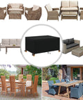 Collage featuring a Waterproof 600D Oxford Patio Table And Furniture Cover on outdoor furniture settings.