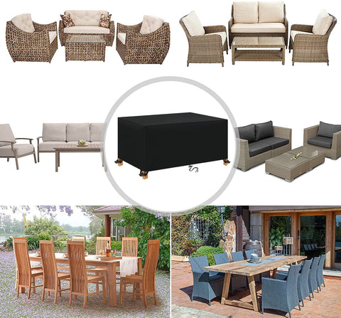 Collage featuring a Waterproof 600D Oxford Patio Table And Furniture Cover on outdoor furniture settings.