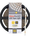 RibbonFlex Pro 12V White LED Strip Lights 16.4 Ft, 60 LEDs Per Meter, box packaging showing LED tape roll and product features