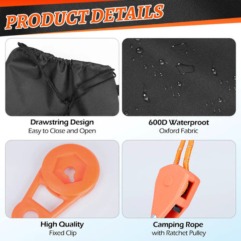 Three Pack Beach Shade Accessories Kit with nylon ropes ratchet pulleys, drawstring bags, waterproof fabric, and clips details.
