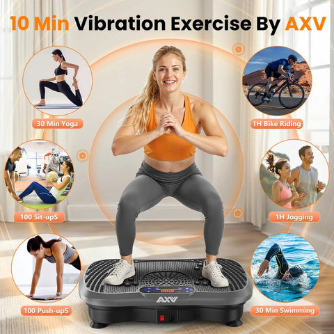 Woman exercising on Vibration Plate Fitness Platform For Full Body Workout, Bluetooth Shaker Board in home gym.