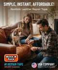 Couple repairing a brown couch with Leather Repair Tape Whiskey Self Adhering Patch For Couches Sofas Car Seats And Upholstery