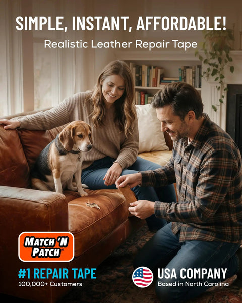Couple repairing a brown couch with Leather Repair Tape Whiskey Self Adhering Patch For Couches Sofas Car Seats And Upholstery