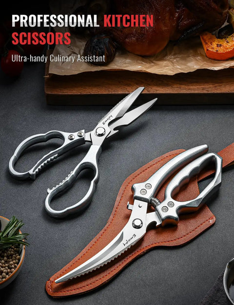 Two Piece Kitchen Scissors Set With Poultry Shears Japanese Stainless Steel All Purpose Kitchen Shears For Food Chicken Bones Fish Scales Nuts Herbs Packaging Plus More Dishwasher Safe, with sheath