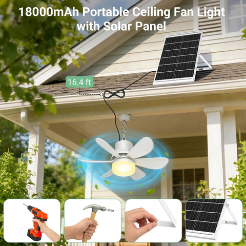 Installation of Dope Solar Powered Ceiling Fan With Light And Remote, 18000mAh Battery, 17.5 Inch for outdoor use.
