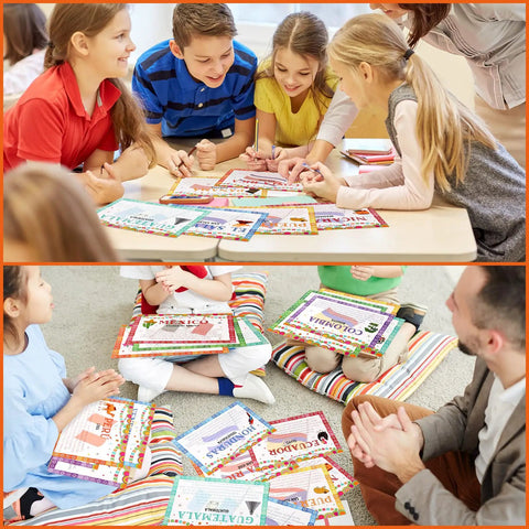 Children using 21 Piece Spanish Language Country Poster Set for Classrooms, Latin American Geography Wall Decor in a learning activity.