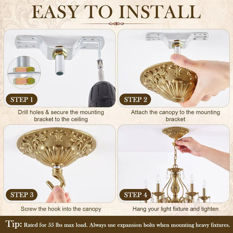 Vintage Brass Chandelier Canopy Kit With Heavy Duty Mounting Plate For 5.51 Inch Ceiling Cover, Supports Up To 55 Lbs, Open And Closed Hooks, DIY Ready Mounting Hardware For Farmhouse Industrial Traditional Lighting Built To Last. Step 1 ceiling bracket install