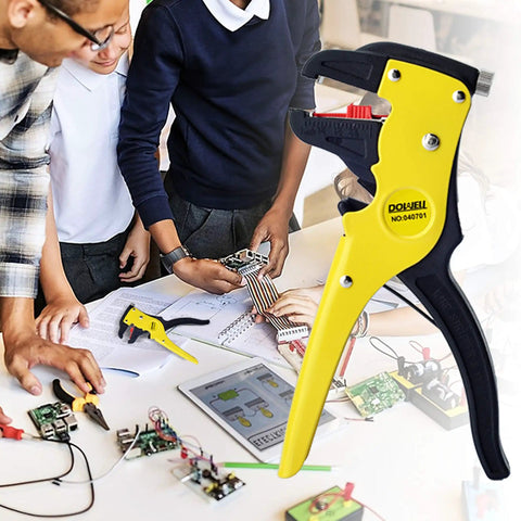 Wire Stripping Tool For 14-24 AWG Cables, Automatic Stripping Pliers, in classroom setting, on table with educational electronics.