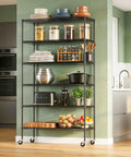 Beefy Six Tier Rolling Wire Shelf On Wheels For Garage And Home, Heavy Duty Steel Rack With 18 x 45 x 82 Inches Capacity, Black Finish, Smooth Mobility, Easy Assembly, Durable Storage Unit in kitchen with pantry items