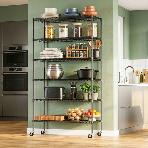 Beefy Six Tier Rolling Wire Shelf On Wheels For Garage And Home, Heavy Duty Steel Rack With 18 x 45 x 82 Inches Capacity, Black Finish, Smooth Mobility, Easy Assembly, Durable Storage Unit in kitchen with pantry items