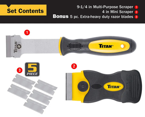 2-Piece Multi-Purpose And Mini Razor Scraper Set with 9-1/4-Inch Heavy-Duty Scraper, 4-Inch Mini Blade, 5 replacement blades