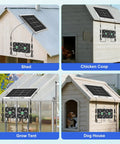 Solar Chicken Coop Fan Kit 2 Pack 20W Solar Powered Ventilation For Greenhouses, Sheds, Dog Houses, Outdoor Enclosures Waterproof Exhaust And Intake Fans mounted on various structures.