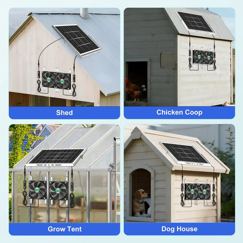 Solar Chicken Coop Fan Kit 2 Pack 20W Solar Powered Ventilation For Greenhouses, Sheds, Dog Houses, Outdoor Enclosures Waterproof Exhaust And Intake Fans mounted on various structures.