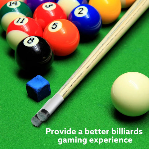 Top Shelf Blue Pool Cue Tips Replacement Kit With Ten Tough Plastic Cue Rings And Twenty Premium Genuine Leather Billiard Club Heads For Quick Rack Maintenance on green felt with billiard balls.