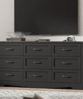 Slap Some Order On Your Room With This 63 Inch Wide Nine Drawer Bedroom Dresser Boasting Deep Storage Heavy Duty Handles Sleek Black Finish Modern TV Stand For Killer Organization.