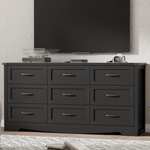 Slap Some Order On Your Room With This 63 Inch Wide Nine Drawer Bedroom Dresser Boasting Deep Storage Heavy Duty Handles Sleek Black Finish Modern TV Stand For Killer Organization.