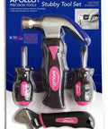 Image of 4 Piece Stubby Tool Set for Small Hands and Tight Spaces in Pink Ribbon Compact Mini Hammer Mini Screwdriver Kit Mini Wrench Durable Heat Treated Carbon Steel ANSI Standard Hand Tools for Hard To Reach Jobs in packaging.