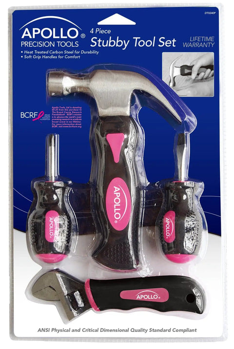 Image of 4 Piece Stubby Tool Set for Small Hands and Tight Spaces in Pink Ribbon Compact Mini Hammer Mini Screwdriver Kit Mini Wrench Durable Heat Treated Carbon Steel ANSI Standard Hand Tools for Hard To Reach Jobs in packaging.
