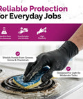 Top Shelf Black Nitrile Gloves 1000 Count Bulk 4 Mil Thick Chemical Resistant Disposable Gloves used for cleaning tasks.