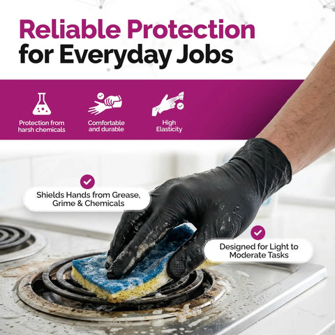 Top Shelf Black Nitrile Gloves 1000 Count Bulk 4 Mil Thick Chemical Resistant Disposable Gloves used for cleaning tasks.