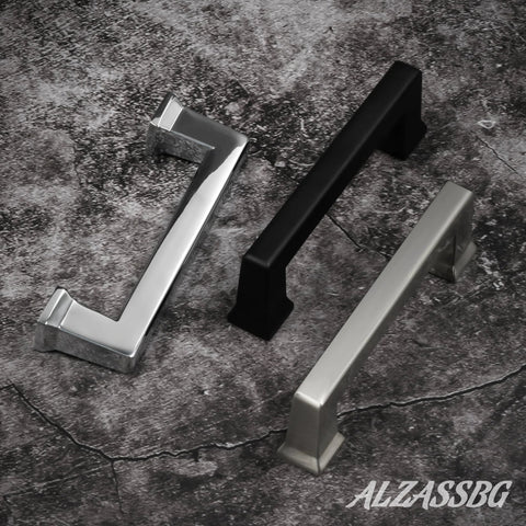 Solid Matte Black Cabinet Pulls Set Of Ten Three And Three Quarter Inch Overall Length With Three And A Quarter Inch Hole Centers, shown with metallic handles