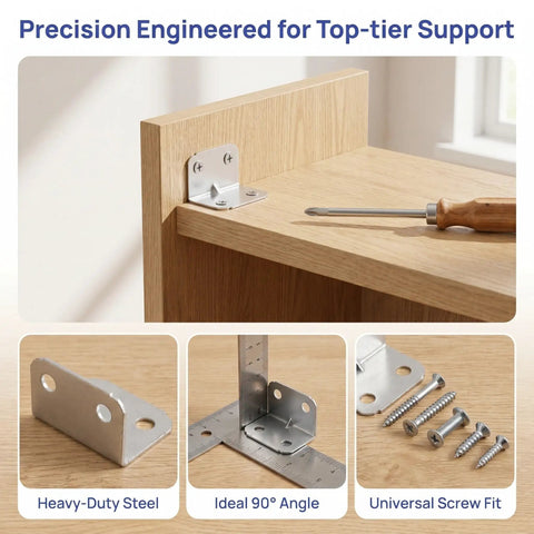 Heavy Duty L Shaped Corner Braces 100 Pcs Cold Rolled Steel Right Angle Brackets mounted on wood with screwdriver