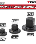 Low Profile Drive Reducing Socket Adapters Set For Tight Spaces Three Piece Includes Three Quarters To One Half Inch One Half To Three Eighth Inch Three Eighths To One Quarter Inch Slim Durable Steel For Lower Tool Height And Easy Access displayed in three sizes.