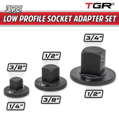 Low Profile Drive Reducing Socket Adapters Set For Tight Spaces Three Piece Includes Three Quarters To One Half Inch One Half To Three Eighth Inch Three Eighths To One Quarter Inch Slim Durable Steel For Lower Tool Height And Easy Access displayed in three sizes.