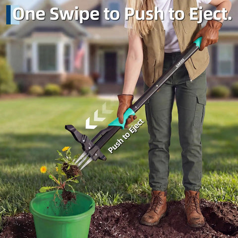 40 Inch Stand Up Weed Puller With 4 Claw Ejector Long Reach Garden Weeder For Easy Root Removal No Bending Kneeling Or Back Strain Effortless Dandelion Thistle And Crabgrass Removal, shown ejecting a weed from lawn