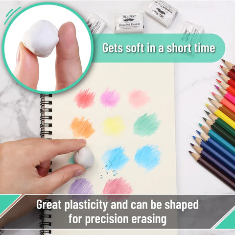 Person using Kneaded Art Erasers Four Pack White Soft Moldable Erasers For Charcoal Graphite And Pastel Drawing on a notebook