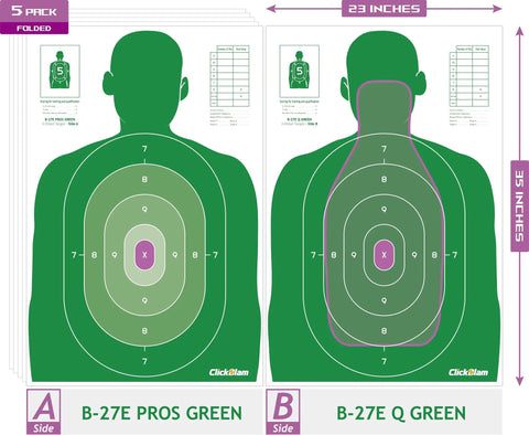 Double Sided Shooting Targets 5 Pack 23 By 35 Inches Full Size B-27E PROS And FBI-Q Tactical Silhouette for training in green