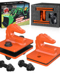 Upgrade 2 Pack Three Eighths Inch Tractor Bucket Grab Hook Grade 70 Forged Steel in orange with packaging and bolts.