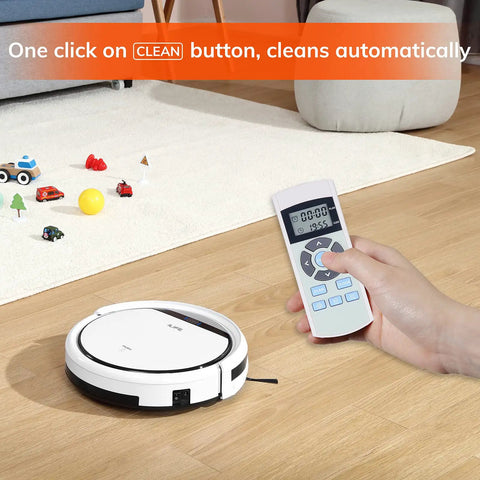 V3s Pro Robot Vacuum Cleaner With Tangle-Free Pet Hair Suction in pearl white on hardwood with remote control