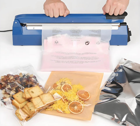 16 Inch Manual Heat Sealer With 8 Adjustable Heat Levels for sealing plastic bags with biscuits and dried fruits visible