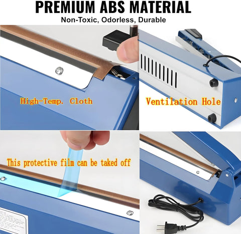 12 Inch Manual Heat Sealer With Eight Adjustable Heating Levels Handy Portable Poly Bag Sealer For Plastic PE PP Bags Easy To Use With Extra Replacement Kit Ivory Finish, showing premium ABS material with protective film and ventilation hole