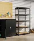 Rock Solid Five Tier Riveted Steel Shelving Unit With Adjustable Shelves 3800 Lbs Capacity in a modern garage setting.