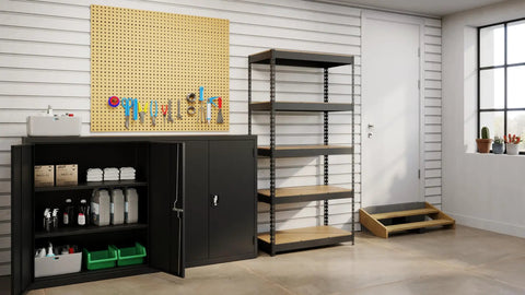 Rock Solid Five Tier Riveted Steel Shelving Unit With Adjustable Shelves 3800 Lbs Capacity in a modern garage setting.