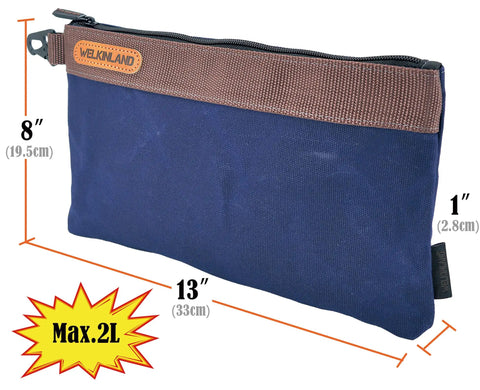 Blue pouch with brown zipper from Four Pack 12 Inch Waxed Canvas Tool Pouches With Zippers Heavy Duty Waterproof Outdoor Tool Bags Set