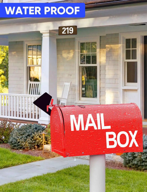 Red mailbox with white 'MAIL BOX' text and a house in the background, displaying waterproof reflective stickers.