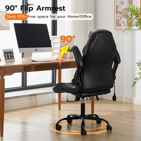 Ergonomic Office Desk Chair With Padded Flip Up Arms Adjustable Lumbar Support PU Leather Executive Chair in office setup.