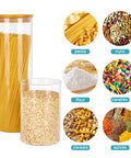 Airtight Glass Storage Jars Set Of 7 With Bamboo Lids For Pasta Cookies Nuts Coffee Beans Cereal Flour Pantry Organization BPA Free Clear Glass Canisters showing pasta and cereals.