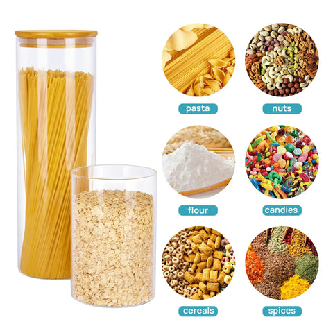 Airtight Glass Storage Jars Set Of 7 With Bamboo Lids For Pasta Cookies Nuts Coffee Beans Cereal Flour Pantry Organization BPA Free Clear Glass Canisters showing pasta and cereals.