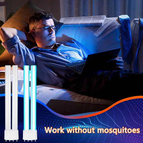 4 Pack 8.6 Inch 18W H Shaped Bug Zapper Replacement Bulbs With 4 Pin Base displayed next to person using laptop indoors.