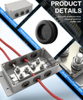 Tough As Nails Heavy Duty 500A 12V Bus Bar Power Distribution Block showing ABS cover and nickel plated copper plate details.