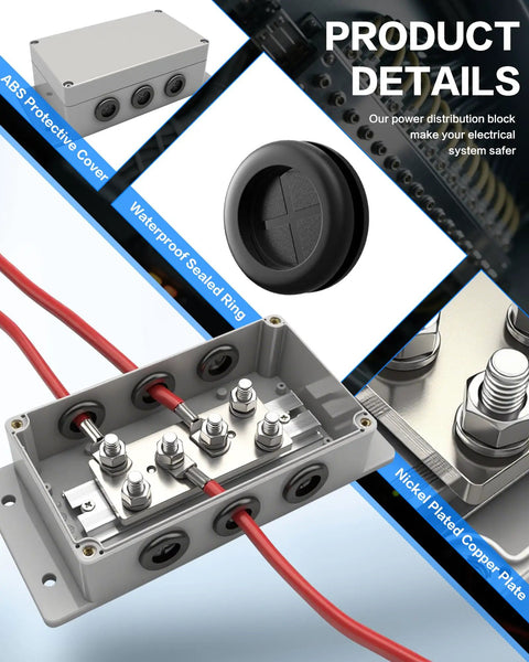 Tough As Nails Heavy Duty 500A 12V Bus Bar Power Distribution Block showing ABS cover and nickel plated copper plate details.