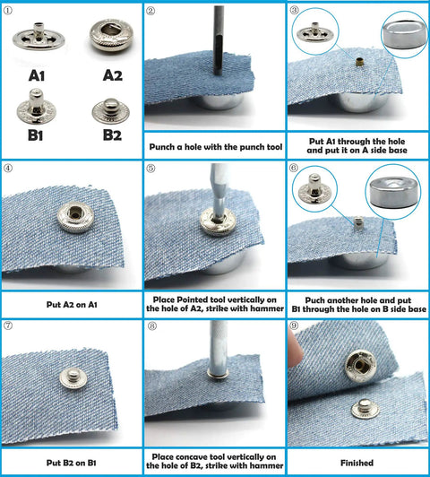 Premium Brass Metal Snap Buttons Fastener Kit With Heavy Duty Tools Silver 15mm installation guide steps for clothing repairs.