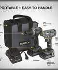 Brushless 20 Volt Drill Driver And Impact Driver Kit with dual chucks, storage bag, and charger, shown from front view